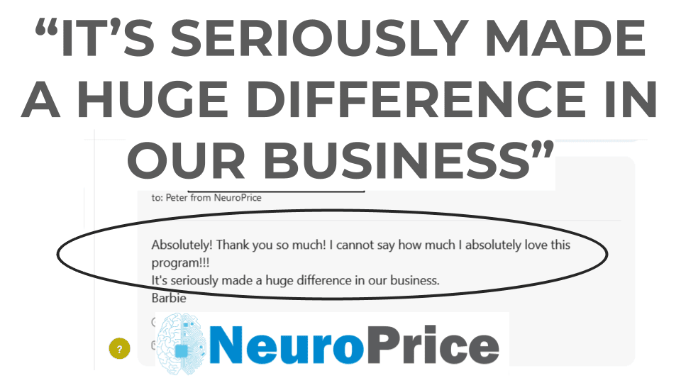 User testimonial saying NeuroPrice has made a huge difference in their Amazon business